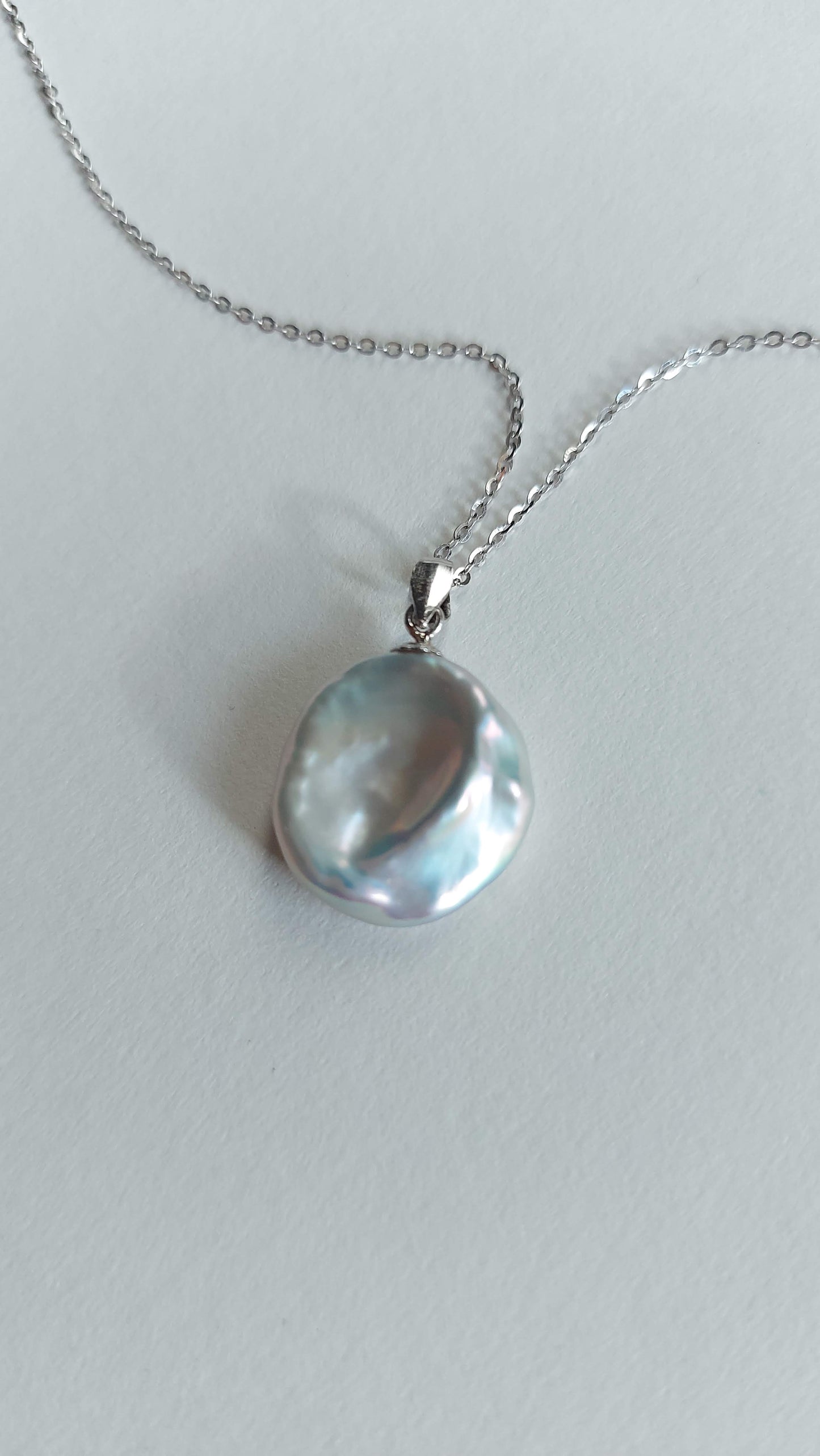 Luna grey peacock coin pearl on fine sterling silver adjustable chain