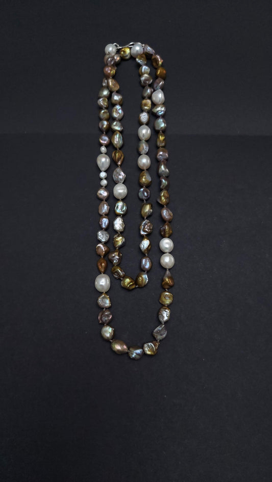 Long hand-knotted bronze baroque pearl necklace studded with white pearls silver hook clasp